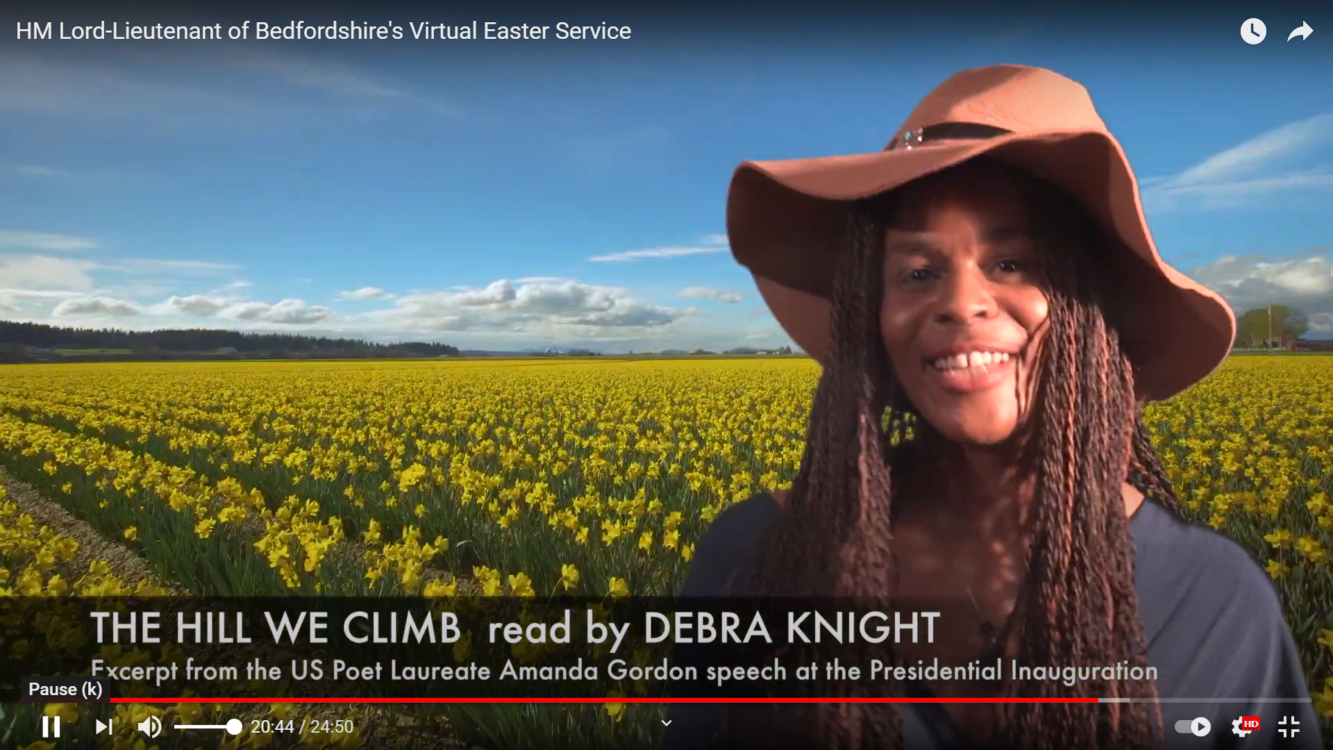 Naz Knight reading Amanda Gorman "The Hill we Climb" at the Lord Lieutenant of Bedfordshire Virtual Easter service