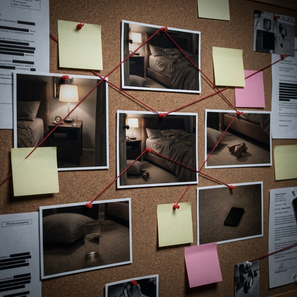 Investigation board displaying room photographs connected with string and notes.
