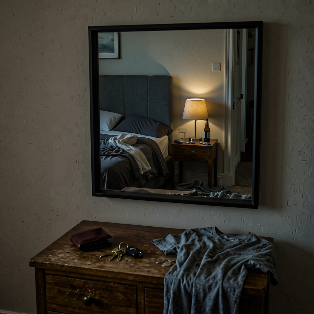 Mirror reflection of a bedroom showing an unmade bed, bedside table, keys and clothing on a chest of drawers.