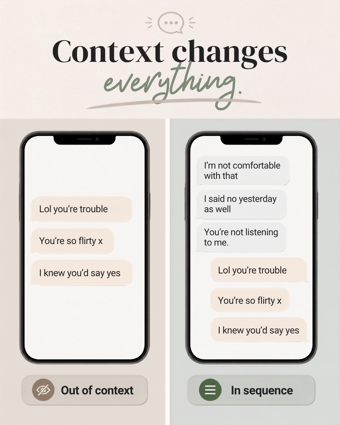 Two panels of a chat: one shows only playful-looking lines, the other reveals earlier messages where she clearly said no.