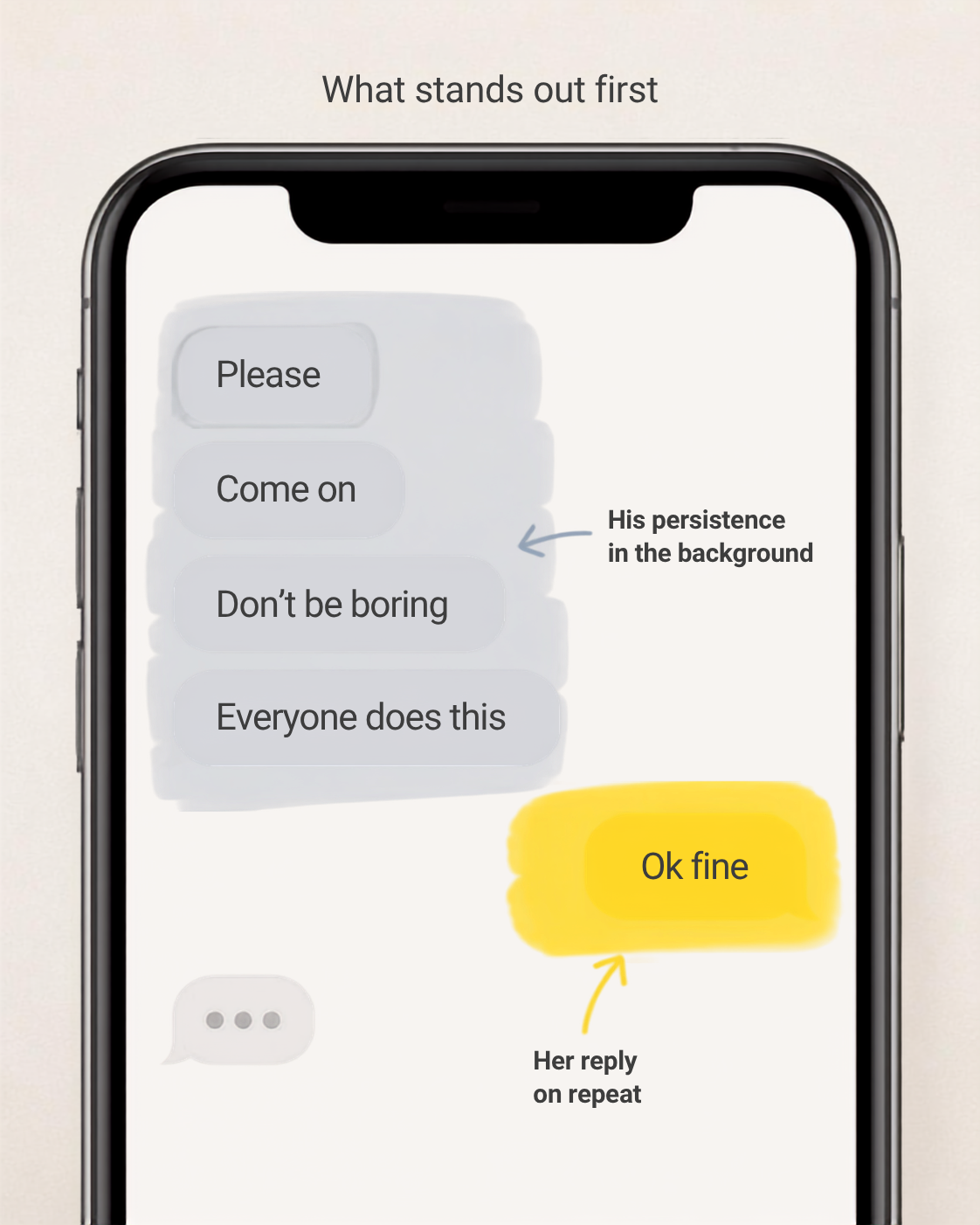 Chat where her short 'Ok fine' reply is highlighted while his long sequence of pressuring messages fades into the background.