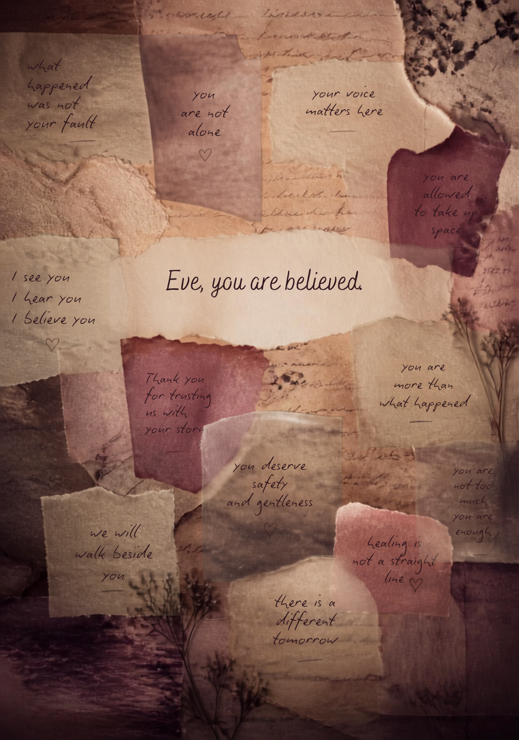 A visual chorus of supportive words centring the message ‘We believe you’